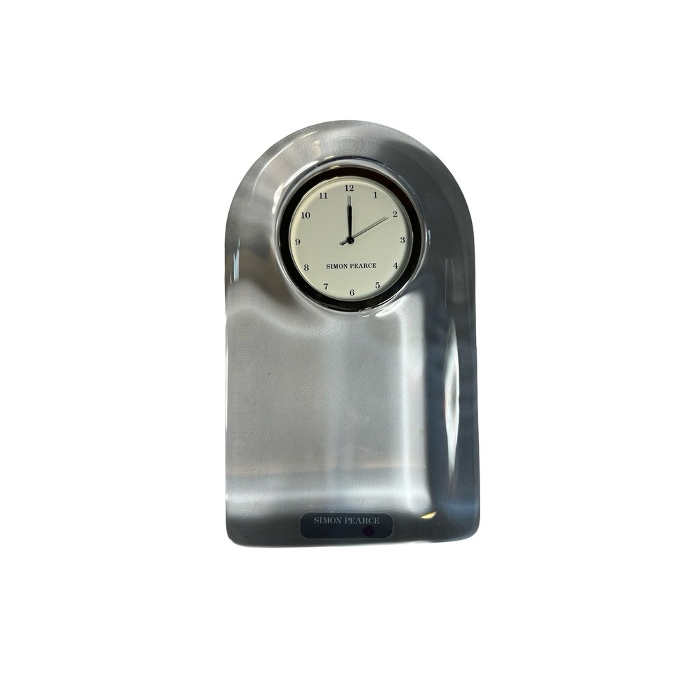 Simon Pearce Glass Desk Clock Arched Crystal Japan Movement Silver Bezel 6.5"